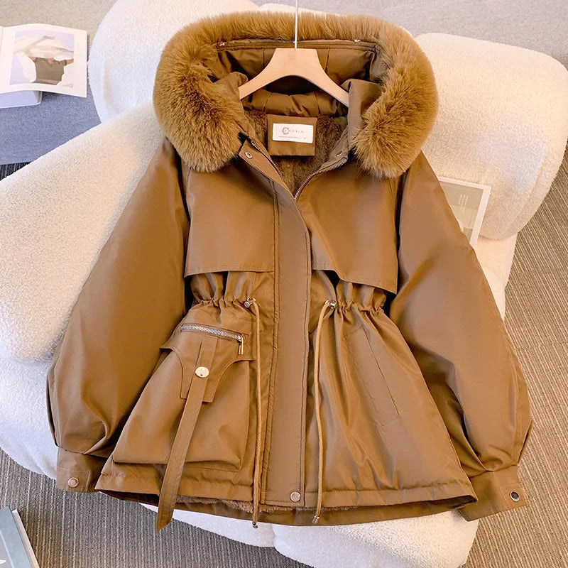 Thick Parkas Women Zipper Hooded Full Sleeve Coats Button Waist Drawstring Jackets Ladies Pockets Solid Regular Coat Winter