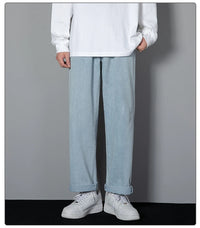 2024 New Korean Men's Casual Long Jeans Classic Man Straight Denim Wide-leg Pants Solid Color Light Blue Grey Black 3XL