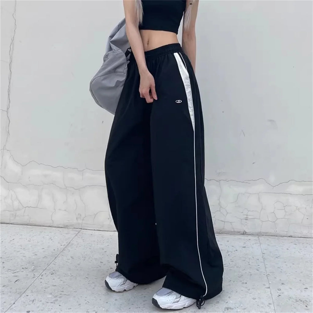 Women Casual Wide Leg Cargo Pants Drawstring Solid Streetwear Elastic Waist Sweatpants Loose Y2K Joggers Hip Hop Baggy Trousers