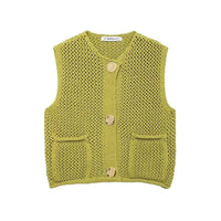 Women Fashion Sleeveless Coarse Needle Knitting Vest Sweater Female Chic Big Pockets Patch Buttons Cardigan Waistcoat Tops 2024