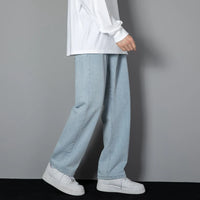 2024 New Korean Men's Casual Long Jeans Classic Man Straight Denim Wide-leg Pants Solid Color Light Blue Grey Black 3XL