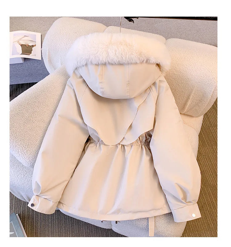 Thick Parkas Women Zipper Hooded Full Sleeve Coats Button Waist Drawstring Jackets Ladies Pockets Solid Regular Coat Winter