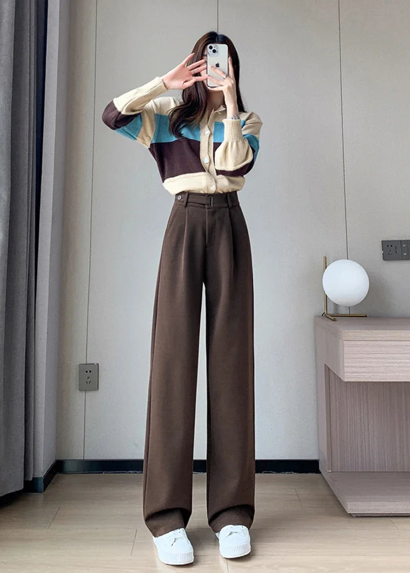 Winter Wool Wide Leg Pants Women Streetwear High Waist Suit Straight Pants Korean Thick Black Baggy Woolen Full Trousers Z53