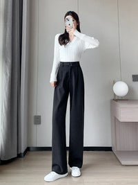 Winter Wool Wide Leg Pants Women Streetwear High Waist Suit Straight Pants Korean Thick Black Baggy Woolen Full Trousers Z53