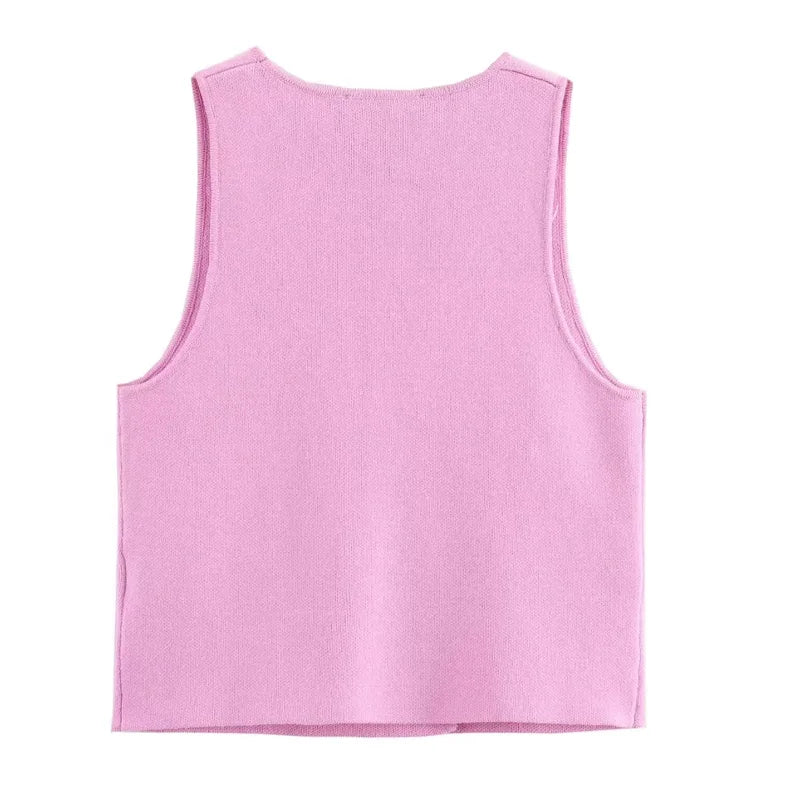 TRAF Sweater Lady Vests Sleeveless Pink Knitted Vest For Women Fall Round Neck Short Sweaters Vests Elegant Knit Vests Woman