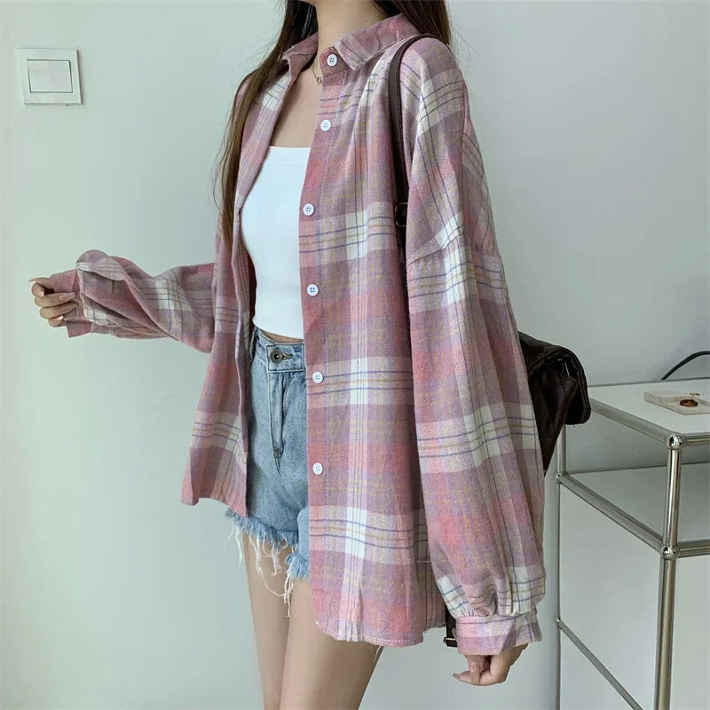 Plaid Shirt Women Autumn Long Sleeve Top Female Vintage Fashion Single Breasted Blouse Ladies Preppy Style Loose Check Shirts