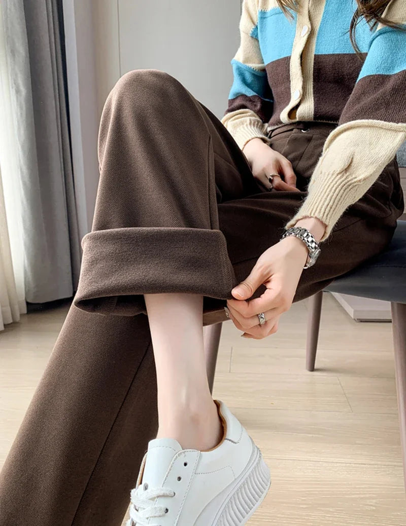 Winter Wool Wide Leg Pants Women Streetwear High Waist Suit Straight Pants Korean Thick Black Baggy Woolen Full Trousers Z53