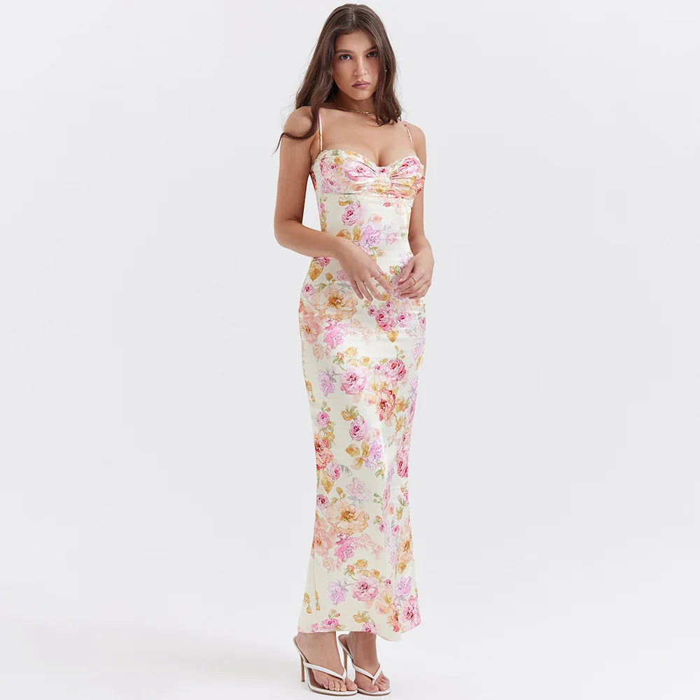 Suninheart Floral Maxi Dress – Elegant Spaghetti Strap Bodycon