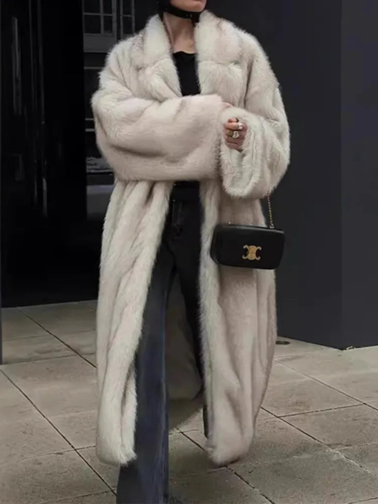 UCXQ Tide Faux Fur Coat European Style Street All Match Lapel Temperament Elegant Long Outerwear Women 2024 Autumn Winter 3C2587