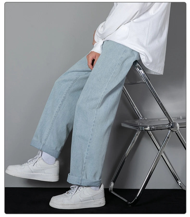 2024 New Korean Men's Casual Long Jeans Classic Man Straight Denim Wide-leg Pants Solid Color Light Blue Grey Black 3XL