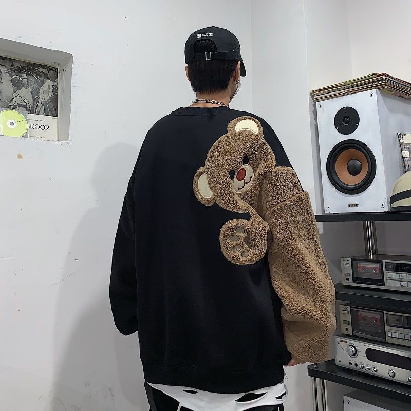 Autumn Winter O-neck Long Sleeve Embroidery Bear Sweater Couple Causal Loose High Street Hoodies Sweater Men Tops Male Clothes