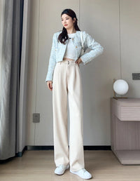 Winter Wool Wide Leg Pants Women Streetwear High Waist Suit Straight Pants Korean Thick Black Baggy Woolen Full Trousers Z53