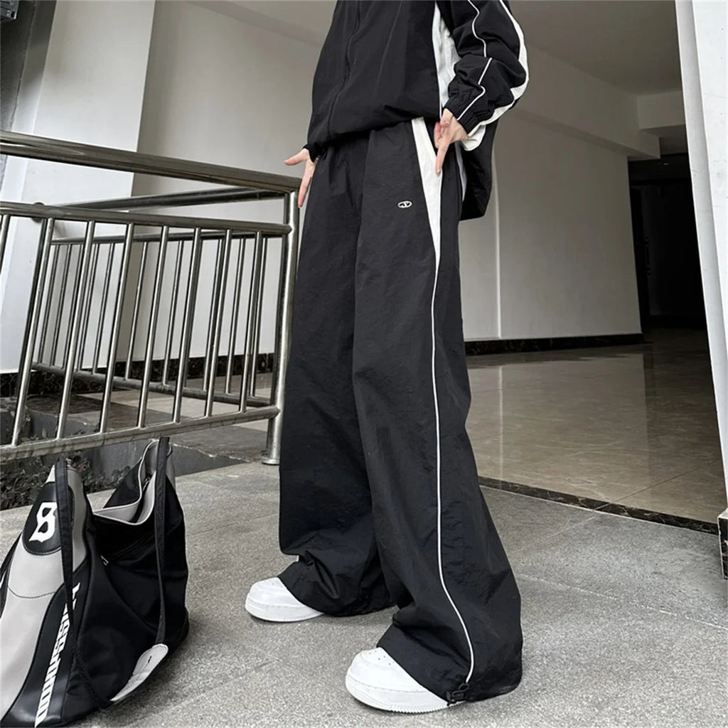 Women Casual Wide Leg Cargo Pants Drawstring Solid Streetwear Elastic Waist Sweatpants Loose Y2K Joggers Hip Hop Baggy Trousers