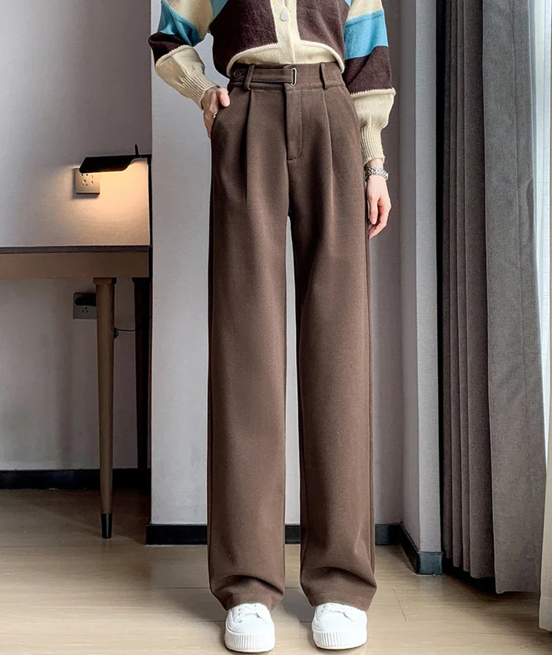 Winter Wool Wide Leg Pants Women Streetwear High Waist Suit Straight Pants Korean Thick Black Baggy Woolen Full Trousers Z53