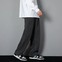 2024 New Korean Men's Casual Long Jeans Classic Man Straight Denim Wide-leg Pants Solid Color Light Blue Grey Black 3XL