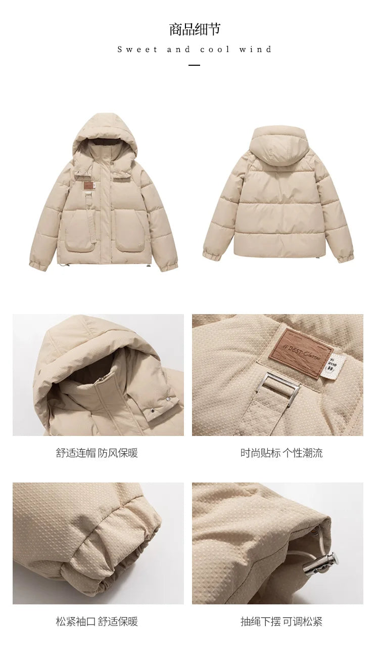 Women Khaki Down Jacket Fashion WhiteThickening Warm Feather Female Duck Down Comfortable Short Solid 2023 Winter Hooded Outwear