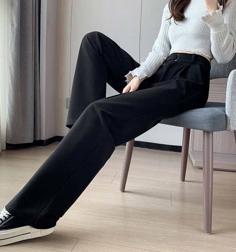 Winter Wool Wide Leg Pants Women Streetwear High Waist Suit Straight Pants Korean Thick Black Baggy Woolen Full Trousers Z53