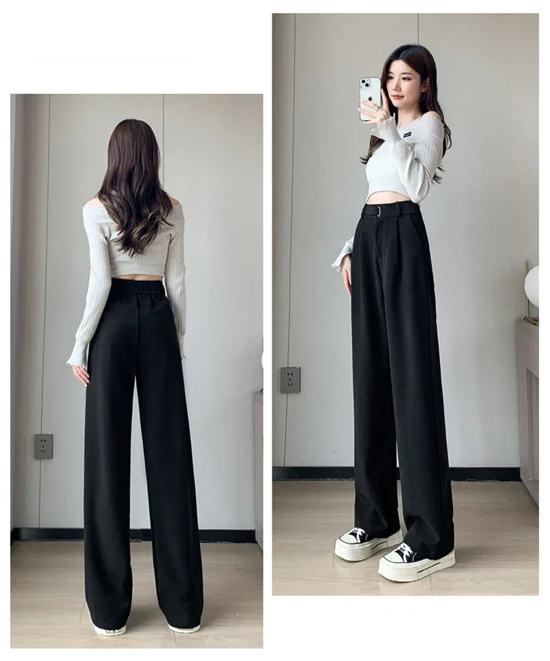 Winter Wool Wide Leg Pants Women Streetwear High Waist Suit Straight Pants Korean Thick Black Baggy Woolen Full Trousers Z53