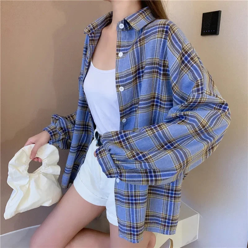 Plaid Shirt Women Autumn Long Sleeve Top Female Vintage Fashion Single Breasted Blouse Ladies Preppy Style Loose Check Shirts