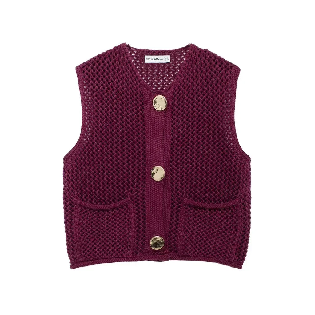 Women Fashion Sleeveless Coarse Needle Knitting Vest Sweater Female Chic Big Pockets Patch Buttons Cardigan Waistcoat Tops 2024