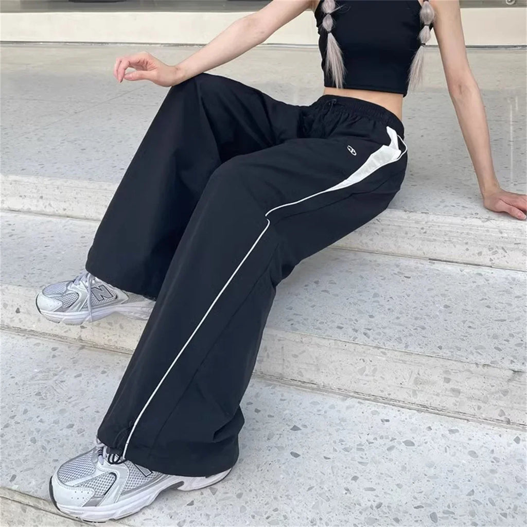 Women Casual Wide Leg Cargo Pants Drawstring Solid Streetwear Elastic Waist Sweatpants Loose Y2K Joggers Hip Hop Baggy Trousers