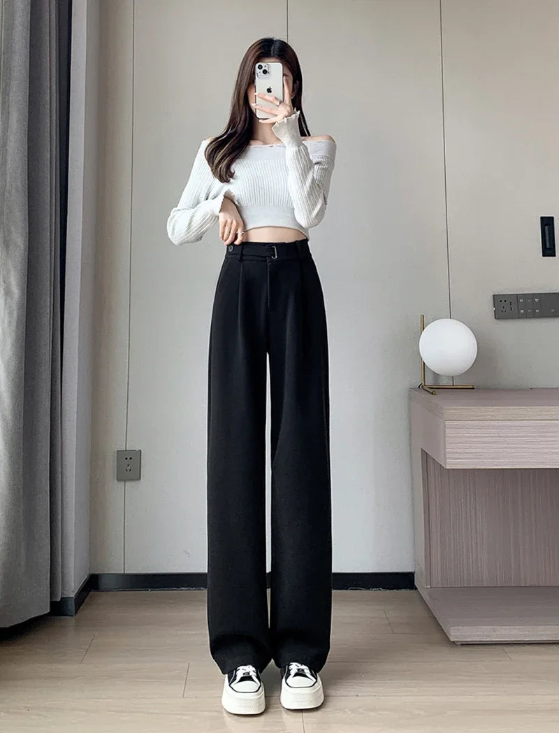 Winter Wool Wide Leg Pants Women Streetwear High Waist Suit Straight Pants Korean Thick Black Baggy Woolen Full Trousers Z53