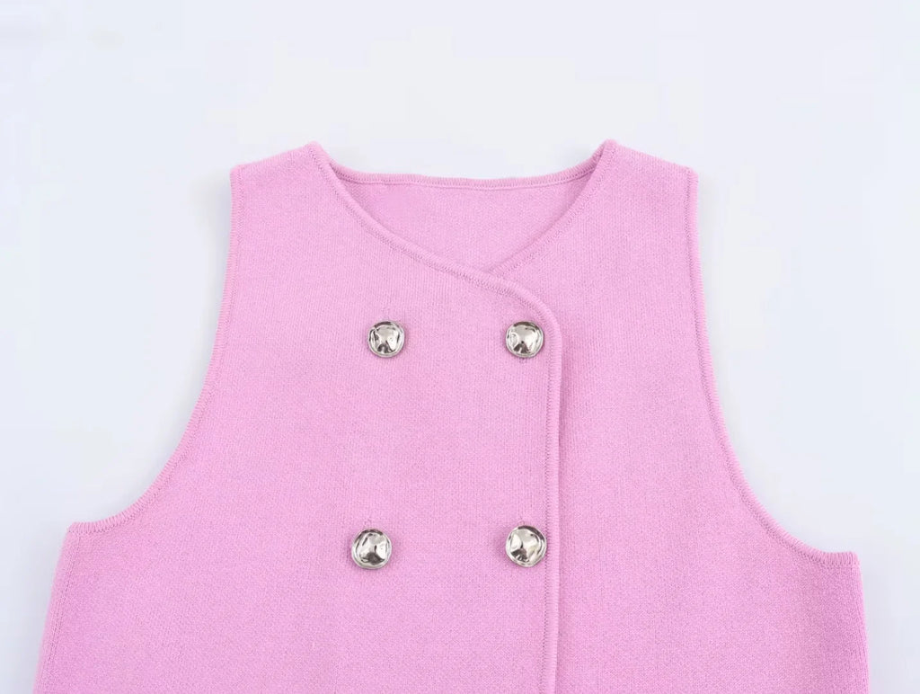 TRAF Sweater Lady Vests Sleeveless Pink Knitted Vest For Women Fall Round Neck Short Sweaters Vests Elegant Knit Vests Woman