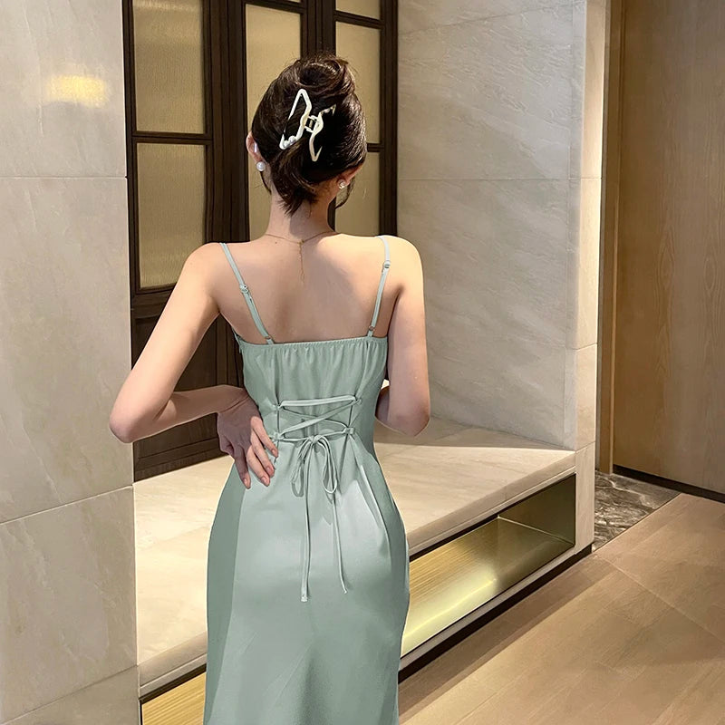 Women's Elegant Backless Satin Maxi Dress