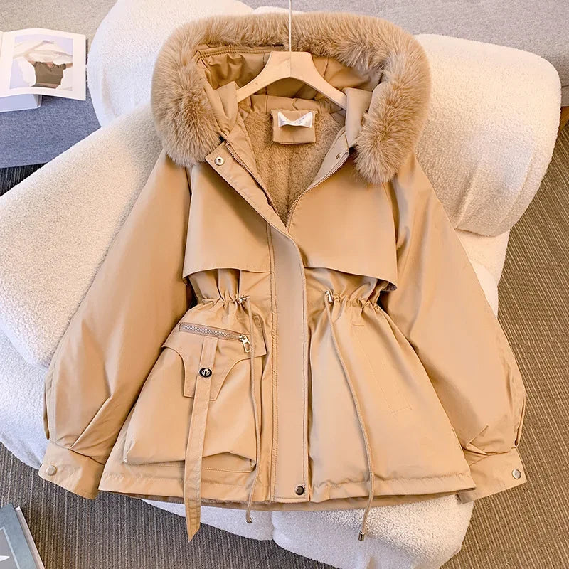 Thick Parkas Women Zipper Hooded Full Sleeve Coats Button Waist Drawstring Jackets Ladies Pockets Solid Regular Coat Winter