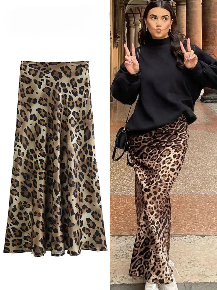 ASDS 2024 Women Fashion Leopard Print Skirt Vintage High Waist Midi Skirts Elegant Women Summer Casual Streetwear Skirt