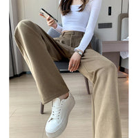 Winter Wool Wide Leg Pants Women Streetwear High Waist Suit Straight Pants Korean Thick Black Baggy Woolen Full Trousers Z53