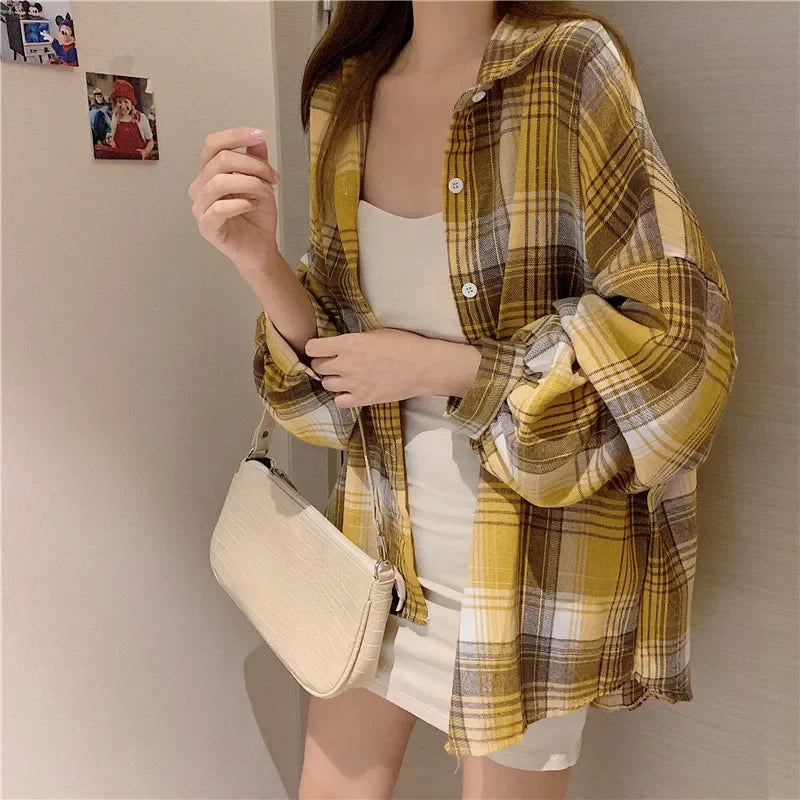 Plaid Shirt Women Autumn Long Sleeve Top Female Vintage Fashion Single Breasted Blouse Ladies Preppy Style Loose Check Shirts