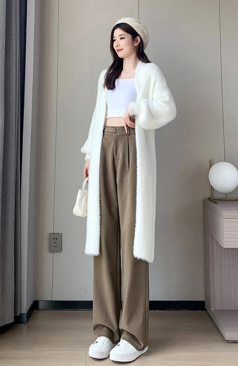 Winter Wool Wide Leg Pants Women Streetwear High Waist Suit Straight Pants Korean Thick Black Baggy Woolen Full Trousers Z53