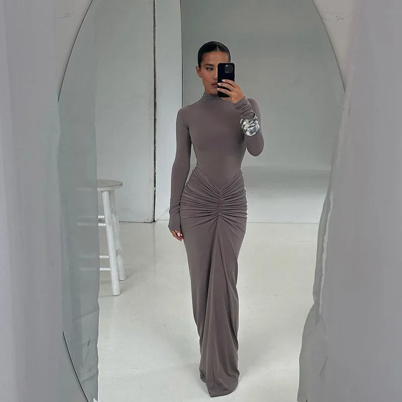 Fashion Pleated Patchwork Maxi Dresses Women's High Waist Long Sleeve Solid Slim Party Dress 2024 Autumn Female Maxi Robes