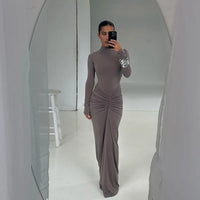 Fashion Pleated Patchwork Maxi Dresses Women's High Waist Long Sleeve Solid Slim Party Dress 2024 Autumn Female Maxi Robes