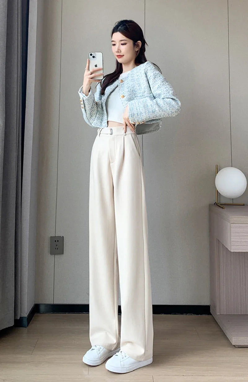 Winter Wool Wide Leg Pants Women Streetwear High Waist Suit Straight Pants Korean Thick Black Baggy Woolen Full Trousers Z53