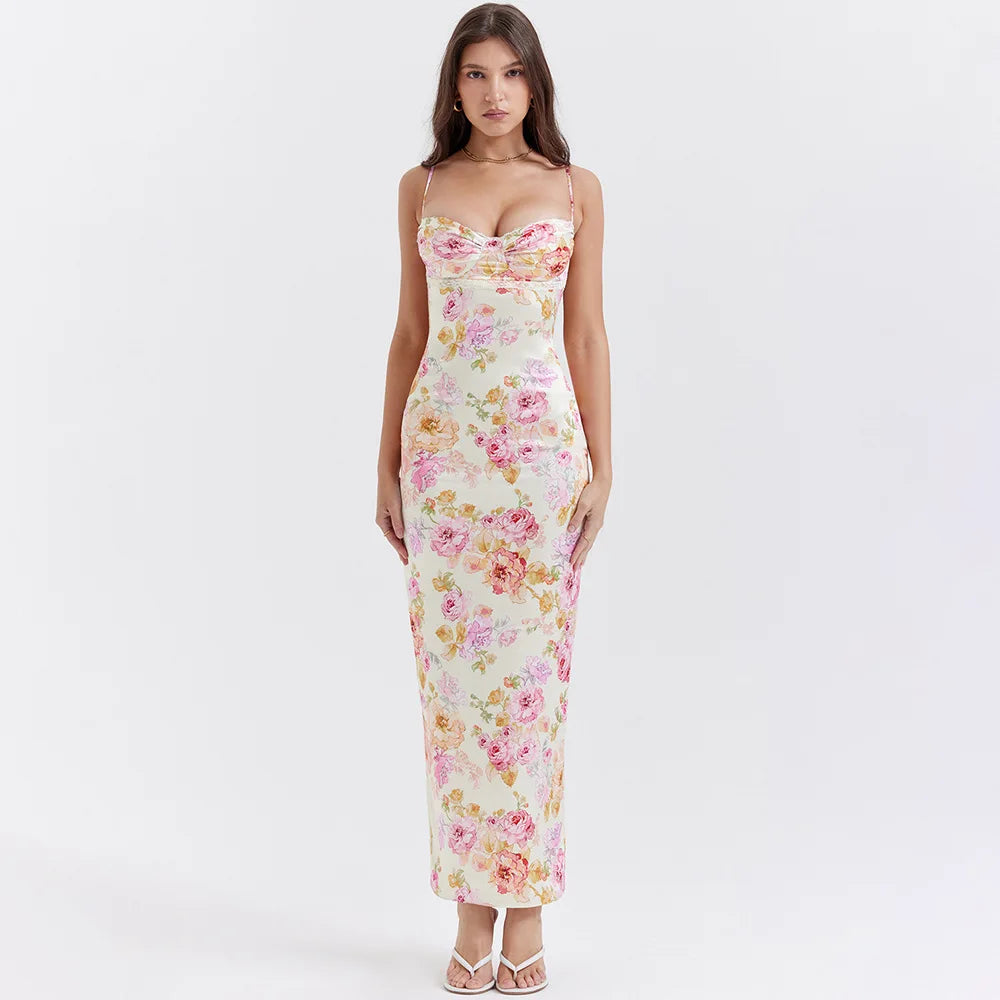 Suninheart Floral Maxi Dress – Elegant Spaghetti Strap Bodycon