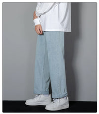 2024 New Korean Men's Casual Long Jeans Classic Man Straight Denim Wide-leg Pants Solid Color Light Blue Grey Black 3XL