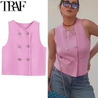 TRAF Sweater Lady Vests Sleeveless Pink Knitted Vest For Women Fall Round Neck Short Sweaters Vests Elegant Knit Vests Woman