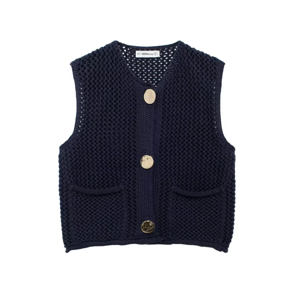 Women Fashion Sleeveless Coarse Needle Knitting Vest Sweater Female Chic Big Pockets Patch Buttons Cardigan Waistcoat Tops 2024