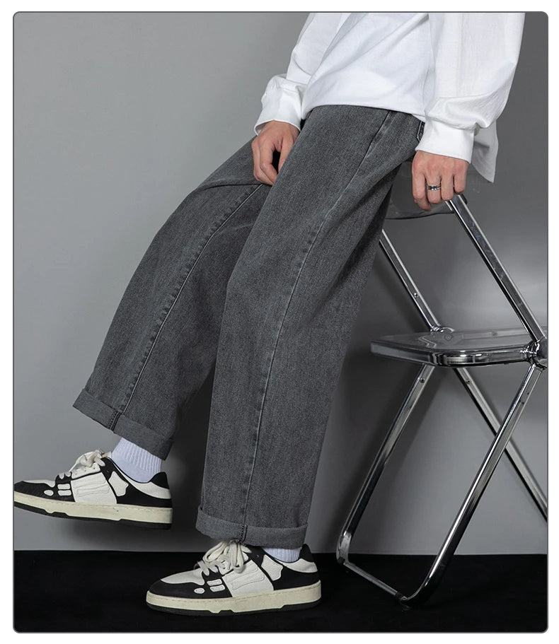 2024 New Korean Men's Casual Long Jeans Classic Man Straight Denim Wide-leg Pants Solid Color Light Blue Grey Black 3XL