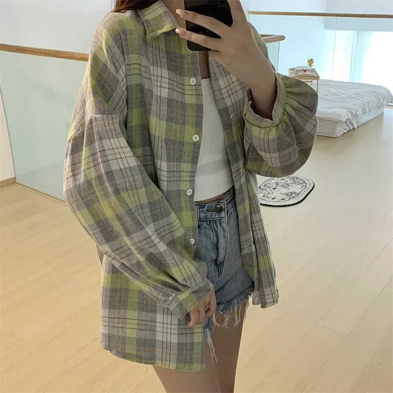 Plaid Shirt Women Autumn Long Sleeve Top Female Vintage Fashion Single Breasted Blouse Ladies Preppy Style Loose Check Shirts