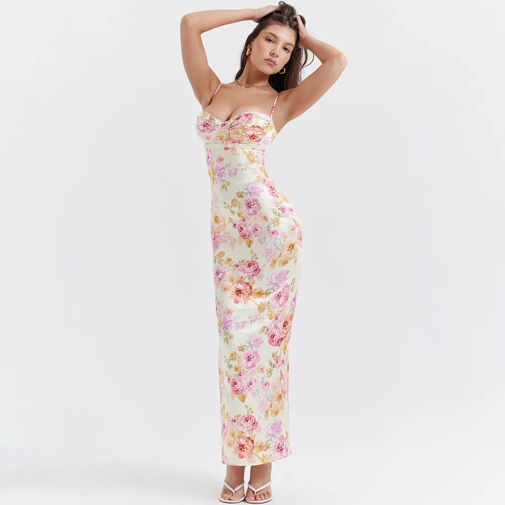 Suninheart Floral Maxi Dress – Elegant Spaghetti Strap Bodycon