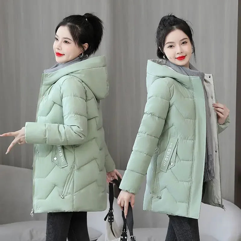 Winter Fashion Women Mid Length Down Cotton Jacket Korean Loose Thick Warm Padded Coat Female Hooded Parkas Outerwear Winter