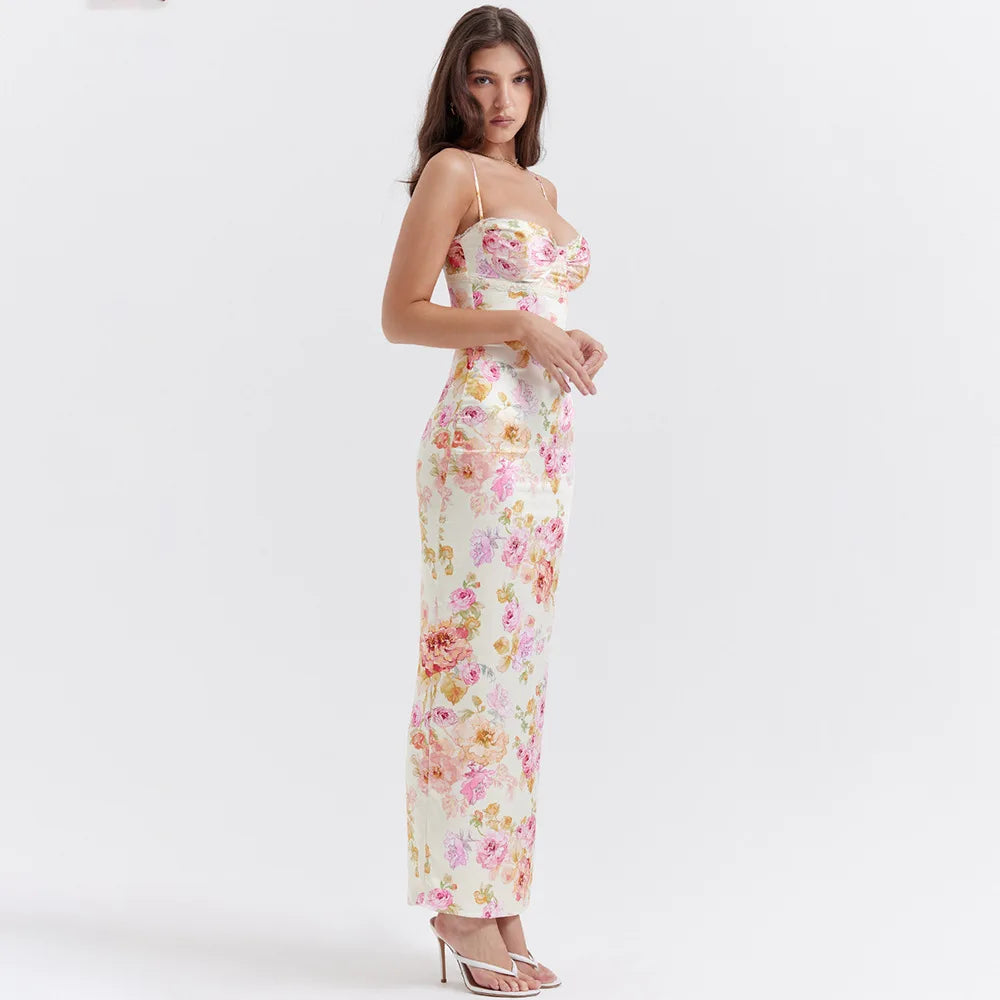 Suninheart Floral Maxi Dress – Elegant Spaghetti Strap Bodycon