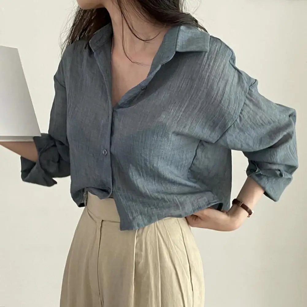 Pleaded Cropp Top Women Shirt Lapel Long Sleeves Women Sunscreen Shirt Thin Cardigan Mini Shirt Summer Sun Protection Shirts