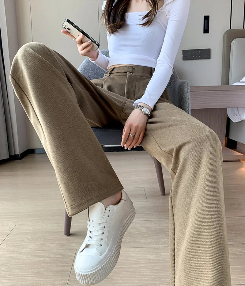 Winter Wool Wide Leg Pants Women Streetwear High Waist Suit Straight Pants Korean Thick Black Baggy Woolen Full Trousers Z53