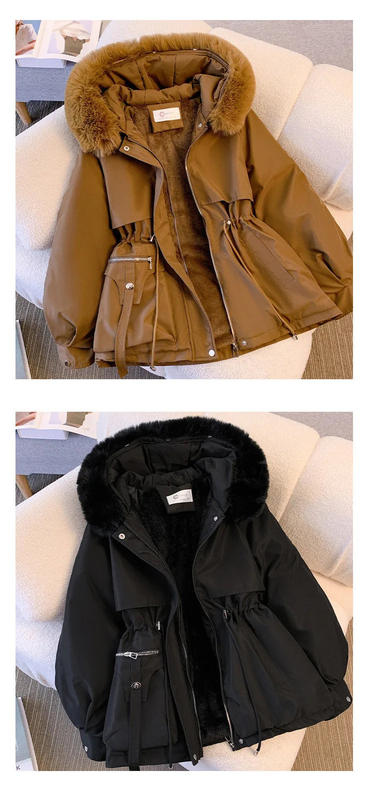 Thick Parkas Women Zipper Hooded Full Sleeve Coats Button Waist Drawstring Jackets Ladies Pockets Solid Regular Coat Winter