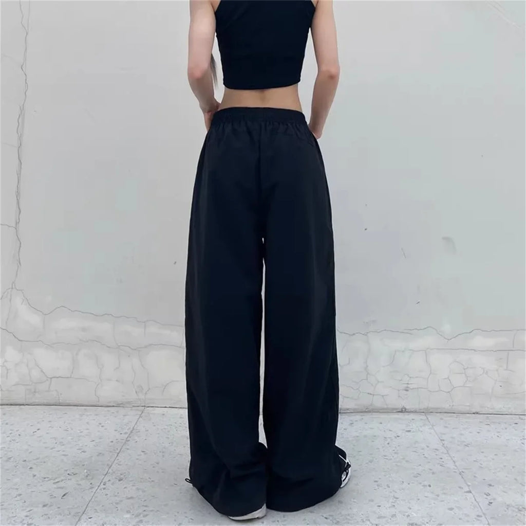 Women Casual Wide Leg Cargo Pants Drawstring Solid Streetwear Elastic Waist Sweatpants Loose Y2K Joggers Hip Hop Baggy Trousers