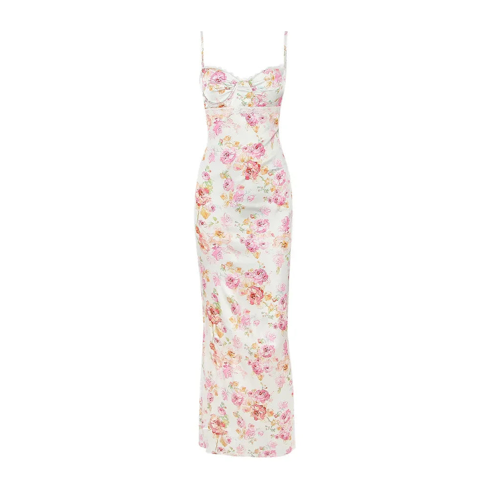 Suninheart Floral Maxi Dress – Elegant Spaghetti Strap Bodycon